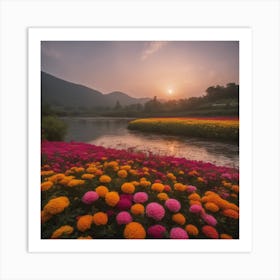 Sunset In A Flower Field 1 Art Print