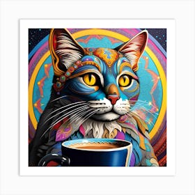 Cat With A Cup Of Coffee Whimsical Psychedelic Bohemian Enlightenment Print 8 Art Print