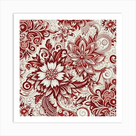 Batik, Red And White Floral Pattern 2 Art Print