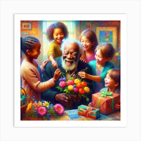 Kids Offering Gifts To Sweet Old Man Art Print