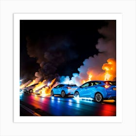 Blue Cars In Flames Art Print