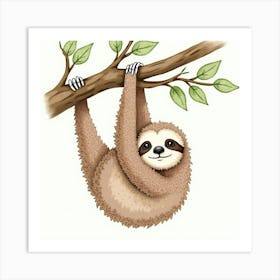 Sloth Hanging On Tree Branch Art Print