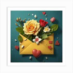 An open red and yellow letter envelope with flowers inside and little hearts outside 16 Art Print