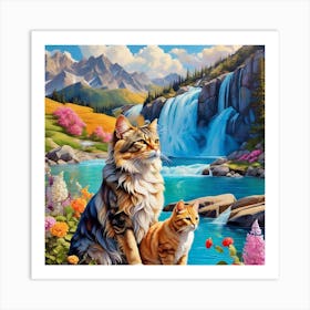 Cat By The Waterfall Art Print