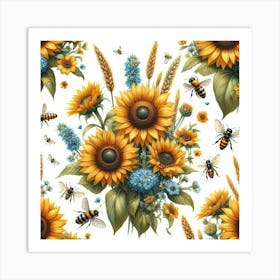 Sunflowers And Bees Art Print