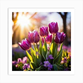 Bouquet Of Vibrant Purple Tulips Rising Toward A Majestic Sun In A Lush Spring Park Three Graceful (1) 2 Art Print