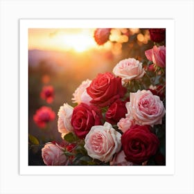 Bouquet Of Mixed Red And Pink Roses Peonies Delicately Woven Into Vines Soft Focus With Scattered (6) Art Print