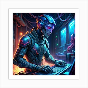 Cyborg Hacker In Futuristic Workspace Art Print