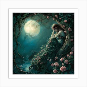 Girl Under The Moon Sitting On A Rose Tree Art Print