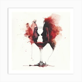 Watercolor Painting Of A Wine Glass On A White Background Two Faces Looking At Each Other Art Print