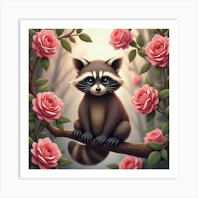 A Playful Raccoon Sitting On A Tree Branch, Surrounded By Oversized Pink Roses Art Print