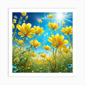 Yellow Flowers In Field With Blue Sky Broken Glass Effect No Background Stunning Something That (6) Art Print