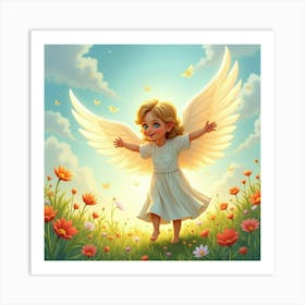 Angel In A Serene Watercolor Meadow, Radiant Colors 1 Art Print