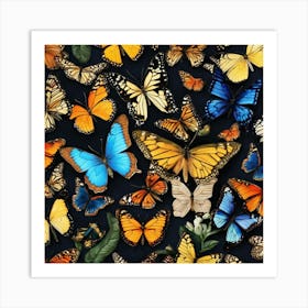 Butterflies On Black Background Art Print