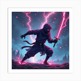 Ninja Dodging Attacks Under A Neon, Electric Storm 1 Art Print