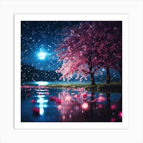 Moonlight on Cherry Blossom Lake Art Print