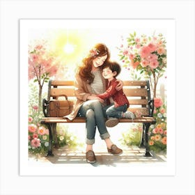 Mother And Son Sitting On A Bench Art Print