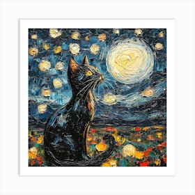 Black Cat Starry Night Poster