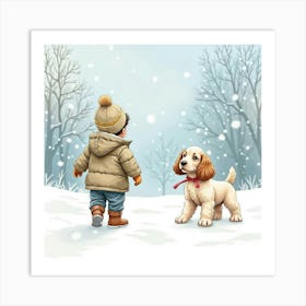 Watercolor Depiction Of A Child And A Cocker Spaniel In A Snowy Landscape Art Print