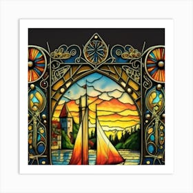 Image of medieval stained glass windows of a sunset at sea Art Print