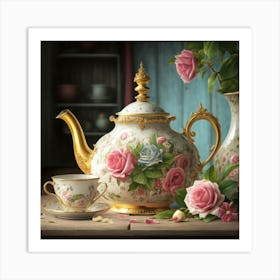 A very finely detailed Victorian style teapot with flowers, plants and roses in the center with a tea cup 5 Art Print