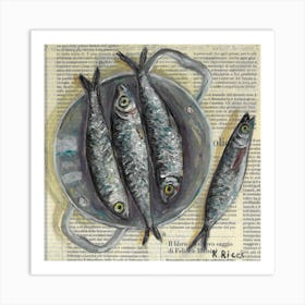 Fishes In A Pan On Newspaper Sardines Neutral Coastal Art Seafood Food Fishing Sardine Anchovies Decor Art Print