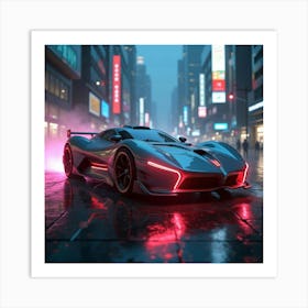 Glowing Futuristic Car With Sleek Design, Hovering Through A Cyberpunk City 1 Art Print