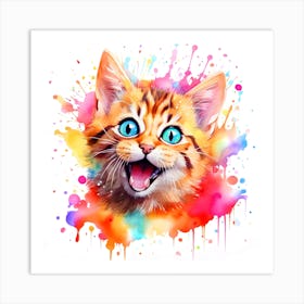 Cute Happy Colorful Kitten Watercolor Abstract 1 Art Print