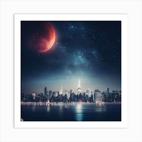 Red Moon Over New York City Art Print