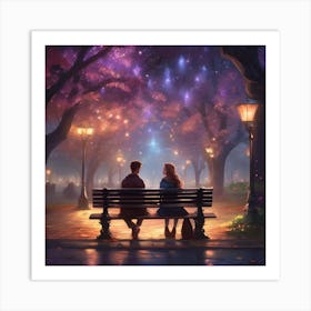 Couple Sitting On Bench At Night Art Print