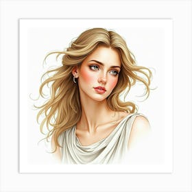 A Watercolor Portrait Of A Beautiful Greek Woman With Flowing Hair And A Serene Expression 1 Art Print