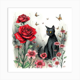 Black Cat With Roses 3 Art Print