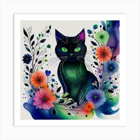 Black Cat With Flowers 7 Art Print