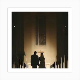 Silhouette Of Bride And Groom Walking Down Aisle Art Print