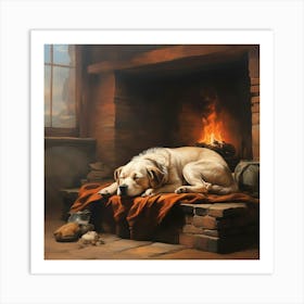 Dog Sleeping In Front Of Fireplace Art Print