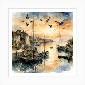 Watercolor Of A Harbor Art Print