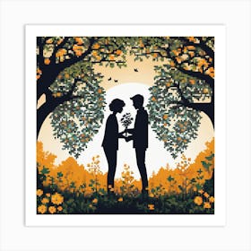 Couple Holding Hands Under Trees, Silhouettes Of Two People Hugging Surrounded By Elements Of Nature Flowers Trees Growing Art Print