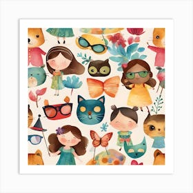 Cats and Kids Art Print