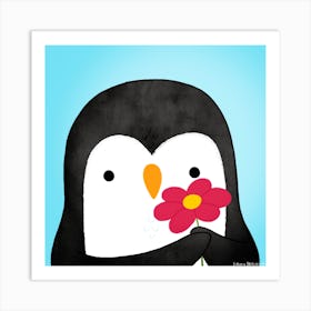 Penguin Offering A Flower Art Print