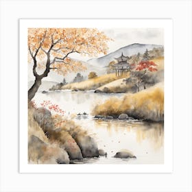 Japanese Landscape Painting Sumi E Drawing (12) Art Print