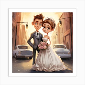 Cartoon Wedding Couple Art Print