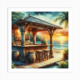 Sunset view on a wooden cafe on the seashore Art Print