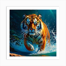 Tiger Running In The Water Art Print