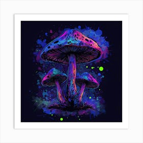 Neon Mushrooms Against Black Background Creating Surreal Atmosphere Art Print