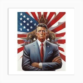 American flag, bald eagle, Ronald Reagan, serious expression, red tie, business attire. man in a suit and tie standing in front of an American flag. The man has a serious expression and is wearing a red tie. The flag features a bald eagle and a banner with the words "Ronald Reagan" written on it. Art Print