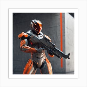 A Futuristic Warrior Stands Tall, His Gleaming Suit And Orange Visor Commanding Attention 4 Art Print