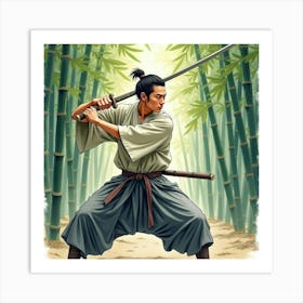 Portrait Of A Japanese Man Practicing Swordsmanship In A Bamboo Forest, Focused Expression, Watercolor Art Print