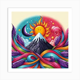 A Mountain With Colorful Streaks Of Ribbon With Purple Feathers Sun And Moon And Star In A Volcano Of Red Flames 3 Art Print