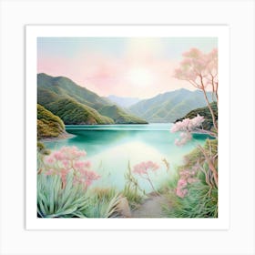 Watercolour Landscape Marlborough Sounds Shades Of Blush Pink Pale Blue And Mint Green Art Print