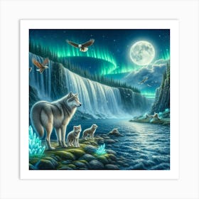 Wolf Family by Waterfall Under Full Moon and Aurora Borealis Art Print